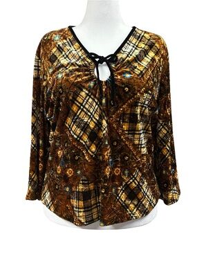 Vintage Casual Land Velvet Patch Floral Plaid Keyhole Long Sleeve Blouse Sz 2X